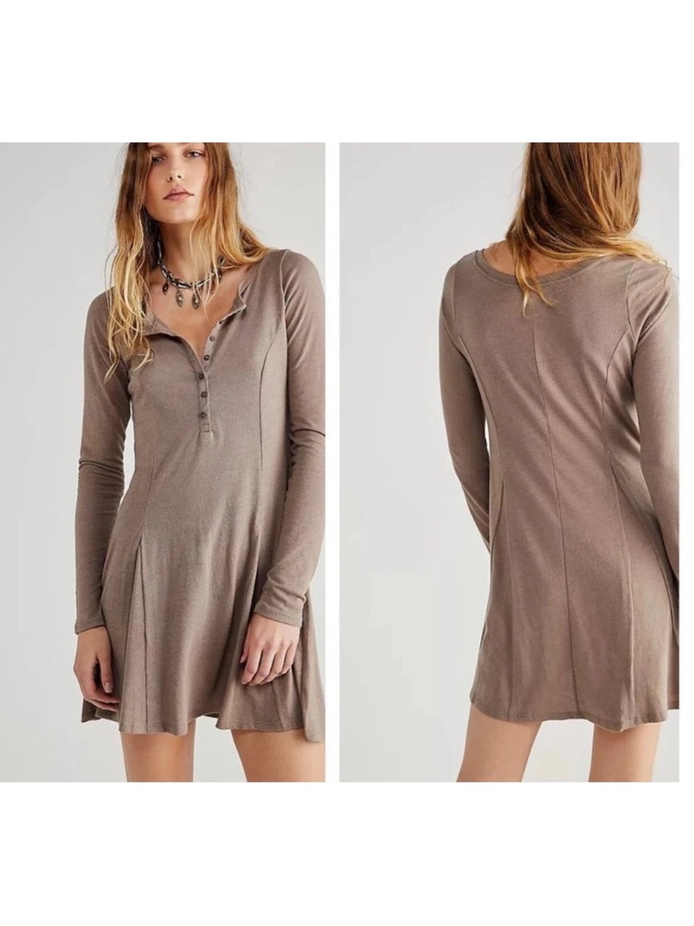Free People Beach Miles of Mini Henley Long Sleeve Dress Taupe Tan Medium